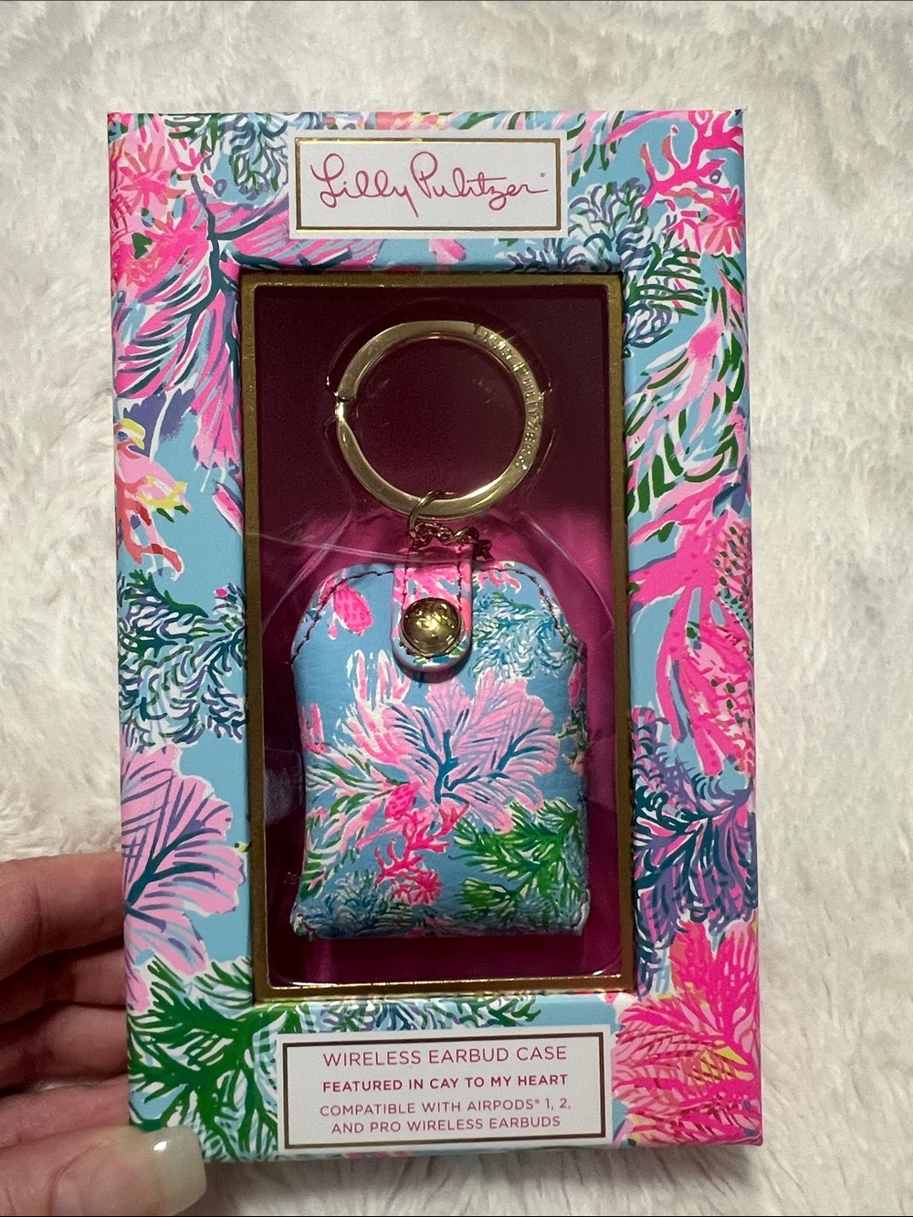 Lilly Pulitzer Blue Floral Earbud Case with Gold Keyring